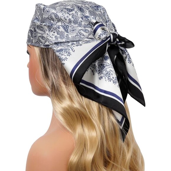Women Navy Paisley Headscarf Satin Bandana Pattern Polyester Breathable Scarves - Picture 3 of 7